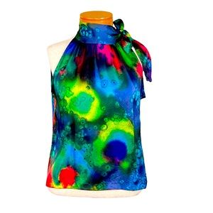 Ungaro Women’s Bright Sleeveless Blouse With Tie At The Neck Art to Wear S-M